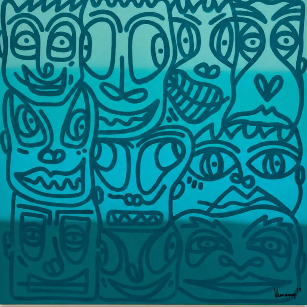 Crystal Faces — Acrylic spray and marker on canvas, 80 × 80 cm, 2025